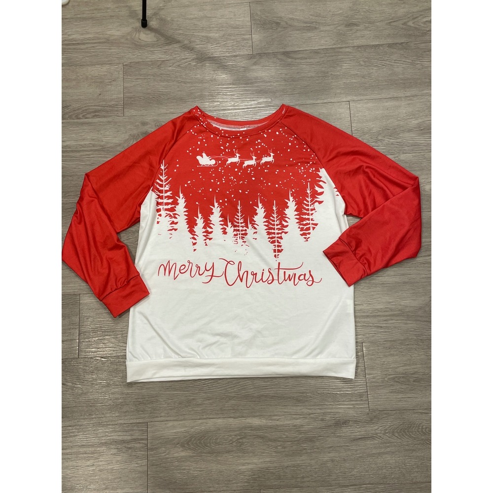 Holiday Merry Christmas Womens Top Santa Reindeer Red White Long Sleeve Large